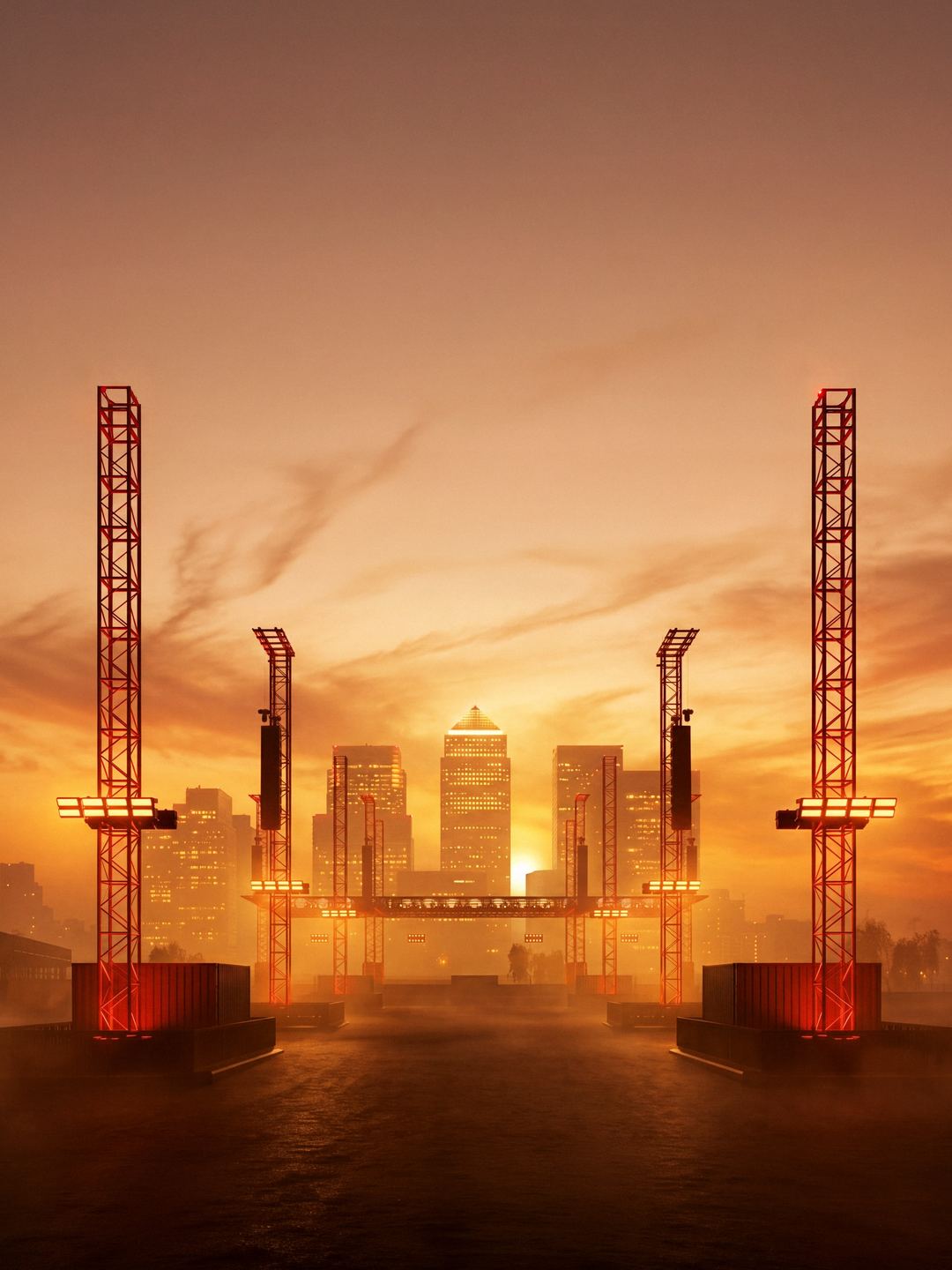 Open-air stage at sunset, London skyline